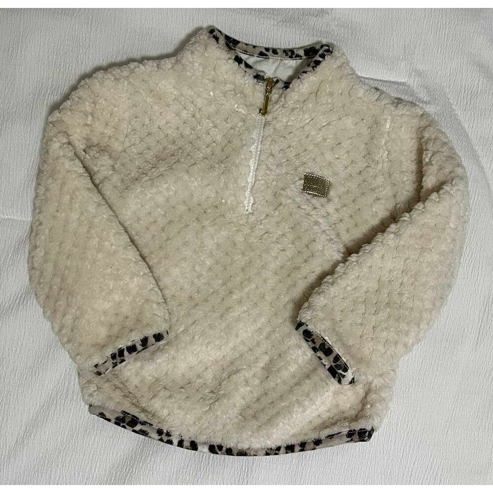 Juicy Couture Sweater Girl 12M Fleece 1/4 Zip Plush Pullover Cream Leopard Trim